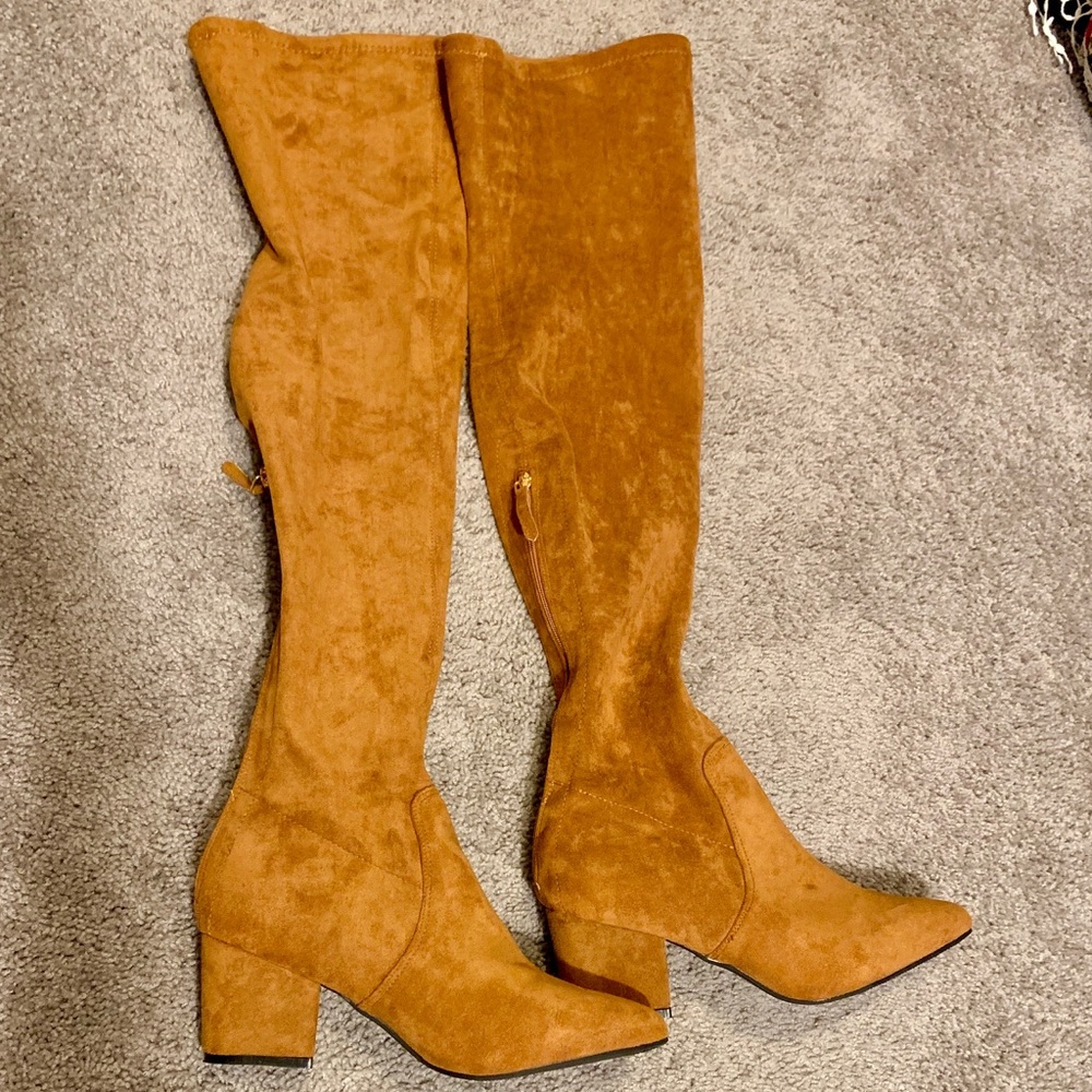 ‘Marlo’ tan over the knee suede leather boots